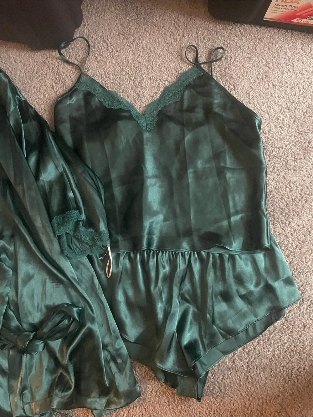 Linea Donatella Satin Lace Trim Cami & Short Sleep Set - Dark Green size L